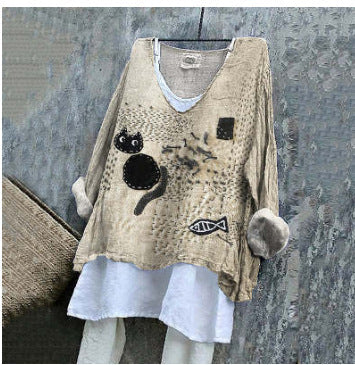 SpringSummer V-neck Long-sleeve Shirt Artistic Retro And Relaxed-fit