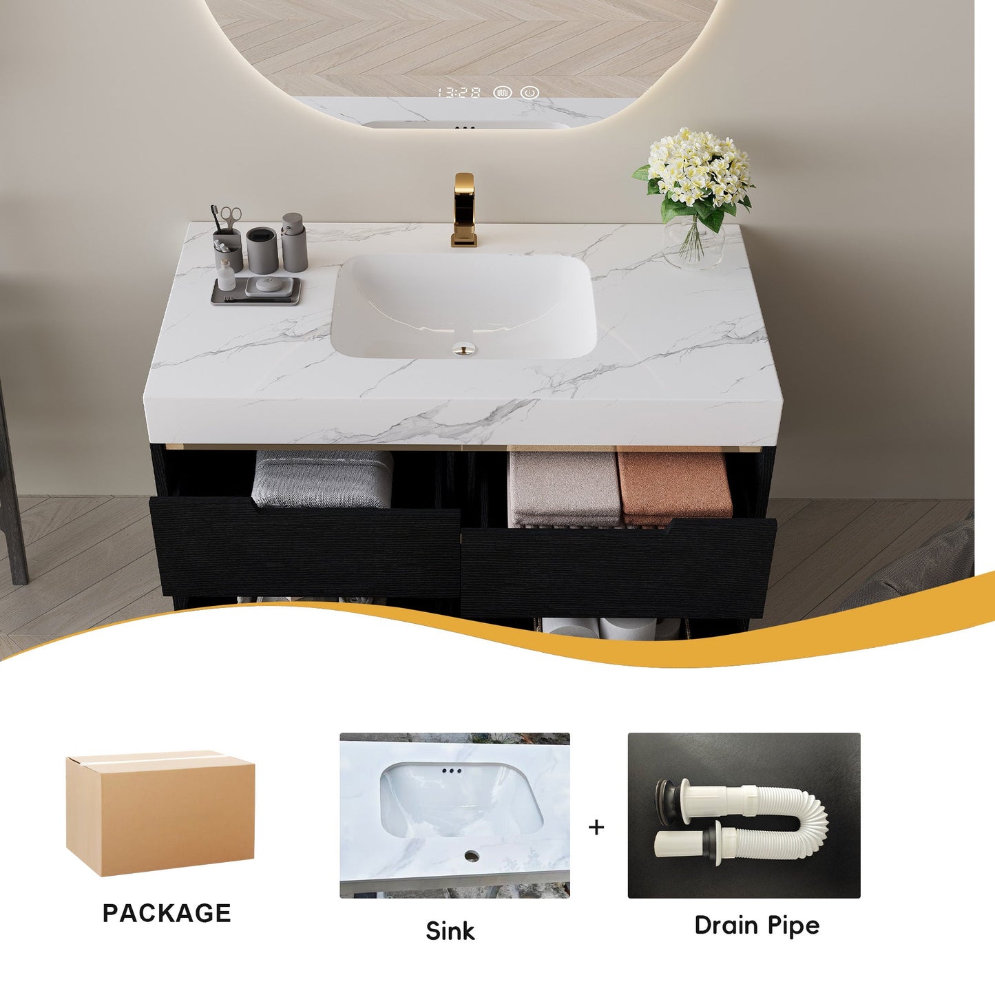 35.4' Modern Bathroom Vanity with Undermount Sink, Sintered Stone Top, Waterp...