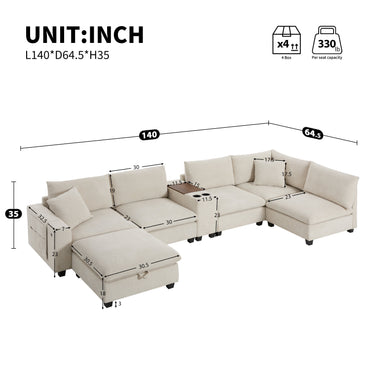 Sectional Sofa U-Shape Corduroy Beige 6 Seat Storage Ottoman USB 140 In