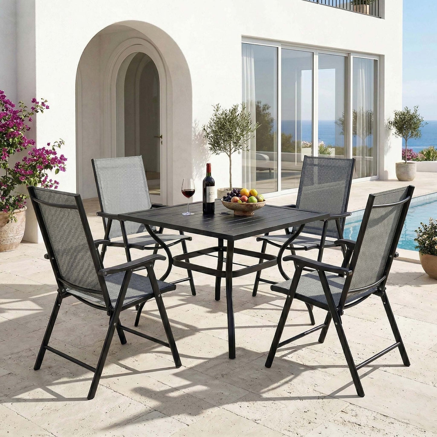 5 Piece Outdoor Dining Set Black Metal Square Table 4 Folding Chairs
