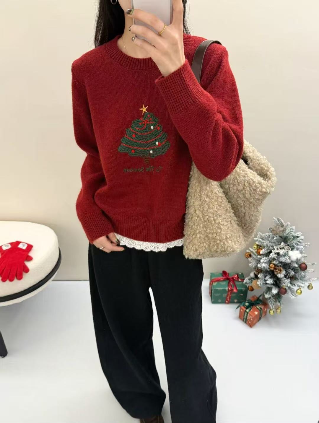 Womens Christmas Tree-Print Thermal Lace-Patchwork Sweater Preppy-Style Pullover Sweater