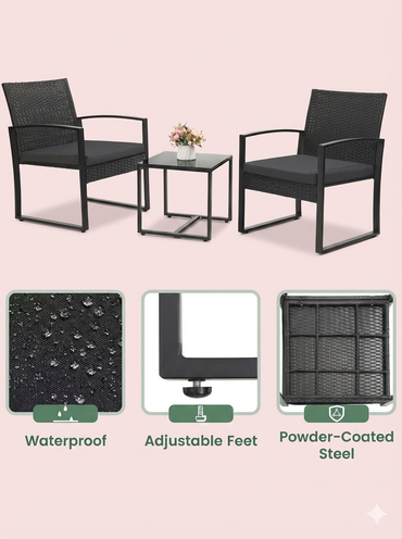 3-Piece Outdoor Patio Furniture Set – Wicker Chairs + Bar Table with Cushions