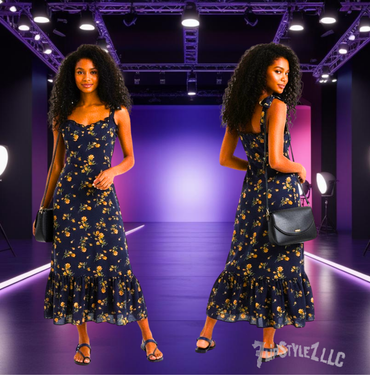 NEW SPRING PRETTY DARK BLUE Floral PRINT SHOULDER STRAP Slim Dress FOR WOMEN