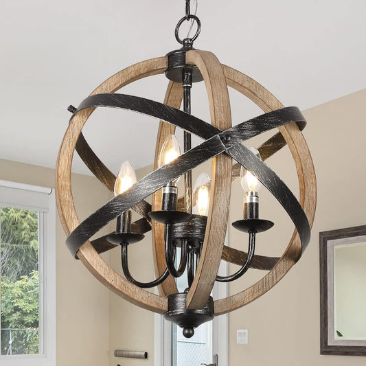 Chandelier Farmhouse 4-Light Rustic Wood Adjustable Kitchen Living