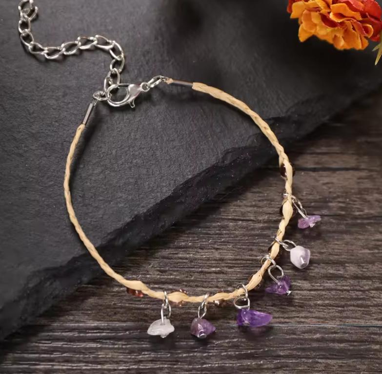 Raffia Pebble Bracelet, Hand-woven Bracelet, Raffia Anklet