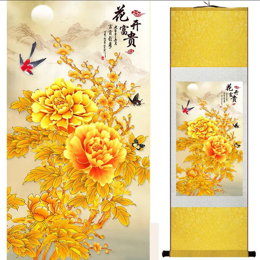 Beautiful Birds and Flowers Silk Scroll Painting for Home or Office