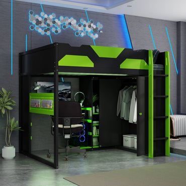 Full Size Wood Loft Bed with Desk, Multi-storage Shelves,USB and RGB Light,Green