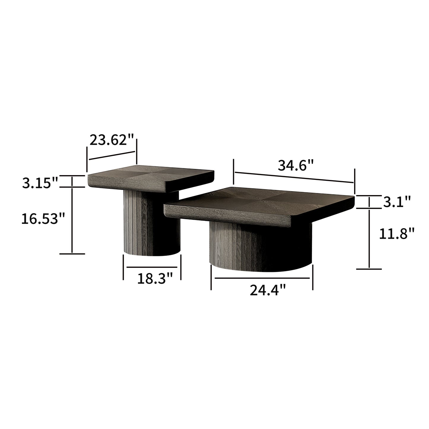 2-Piece Wood Nesting Coffee Tables, Fluted Pedestal, Living Room, Black