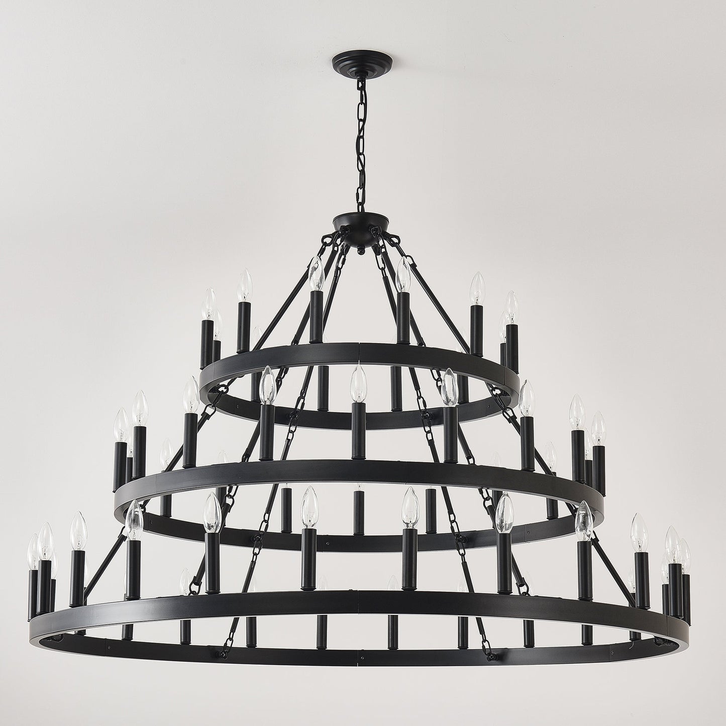 Chandelier Wagon Wheel 3-Tier 36-Light Black Metal 39.37 In Industrial