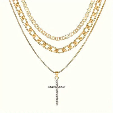 3-Piece: Women's Retro Luxury Artificial Crystal Cross Stackable Necklace Set