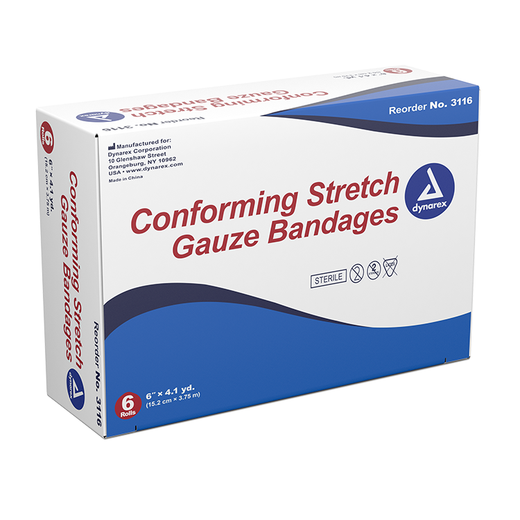 Dynarex Stretch Gauze Bandage Roll - Sterile, 6" 6ea/bx, 8bxs/cs (48 Count)