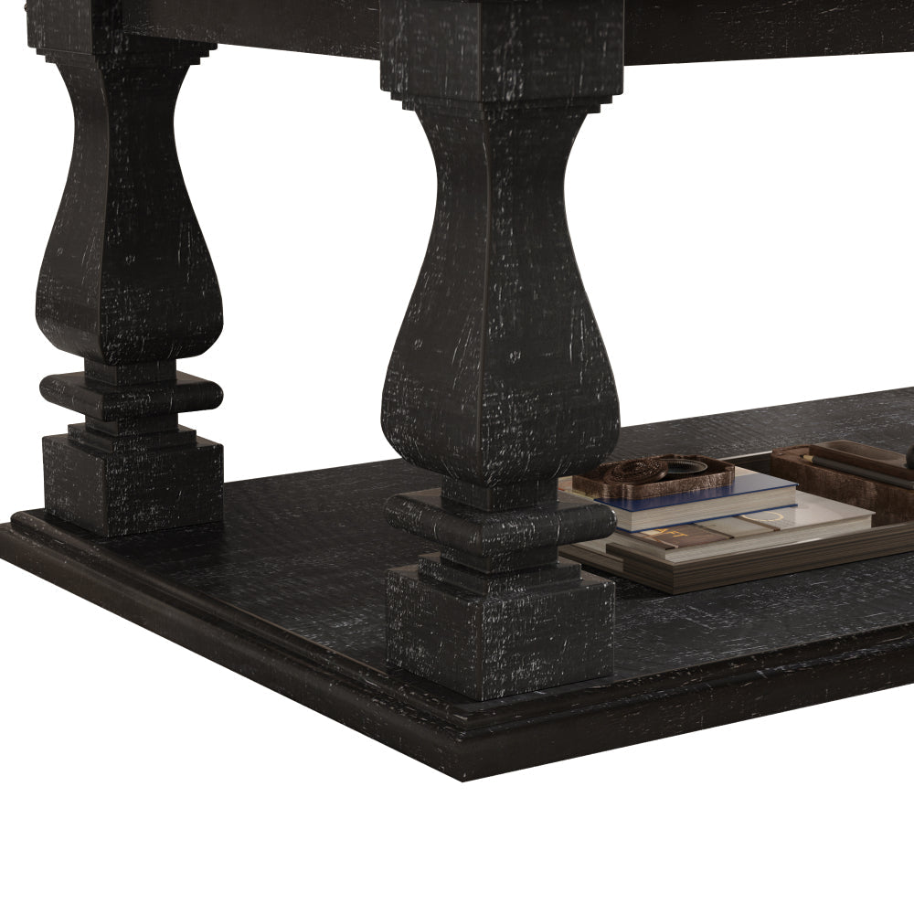 Farmhouse Coffee Table with Storage Shelf 47" Rustic Solid Wood Planked Top & Square Baluster Legs