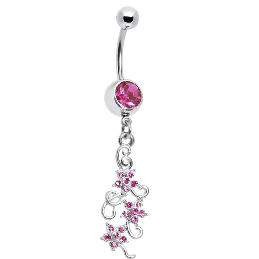 Pink Gem Dramatic Floral Drop Belly Ring