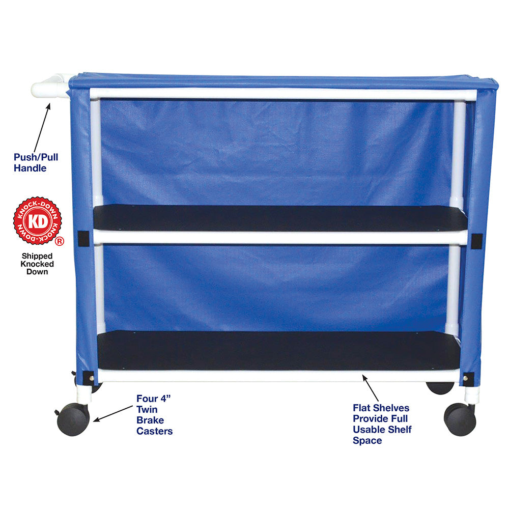 MJM International 350-2C 2-shelf jumbo linen cart with mesh or solid vinyl cover, 4” twin casters, shelf size: 20" x 50", 150 lbs per shelf