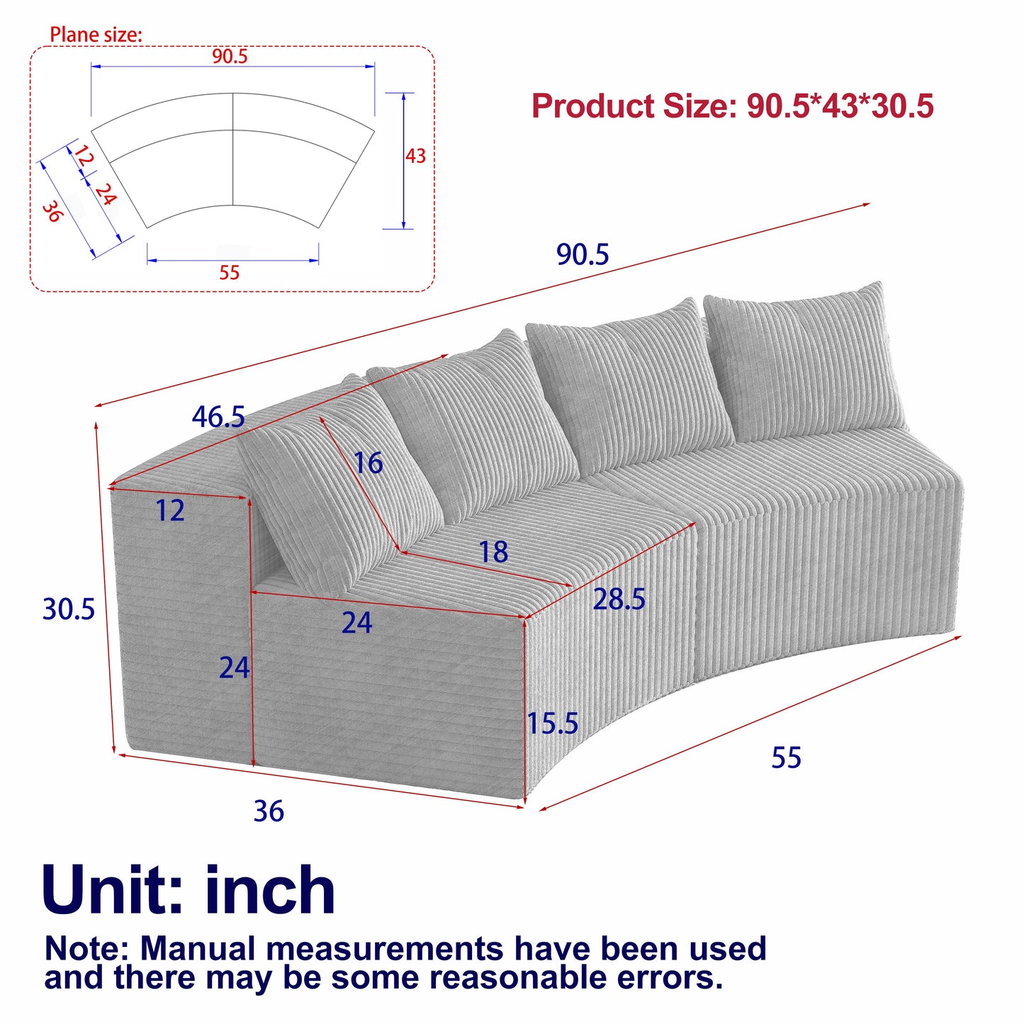 Sectional Sofa Modular Curved Corduroy Beige 2 Seat 4 Pillows