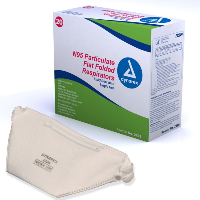 Dynarex N95 Particulate Respirator Mask, Flat 20ea/bx, 12bx/cs (240 Count)