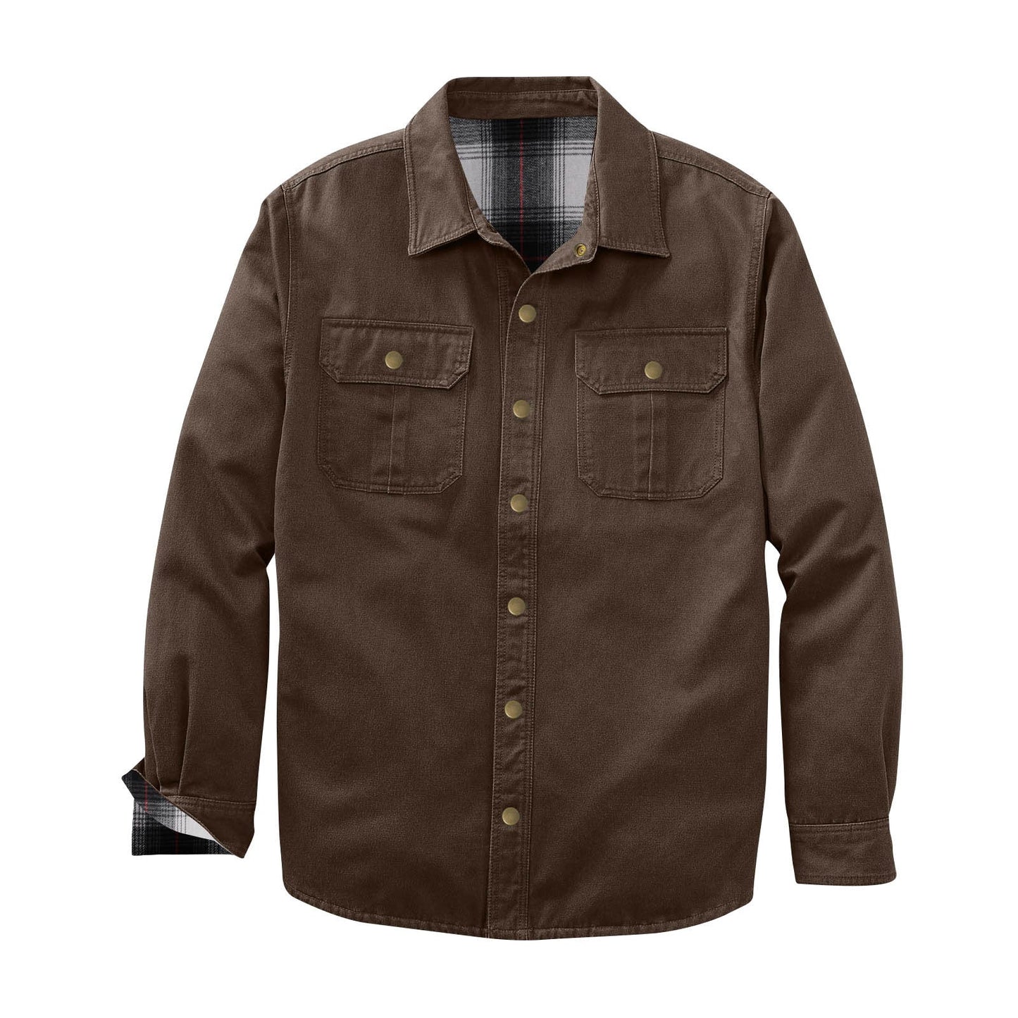 Washed Canvas Work Jacket With A Plaid Lining, Durable And Warm