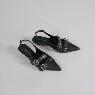 Women Pointed Toe High Heel Mules, Belt Buckle Closed Toe Slide Sandals, Vintage Backless Pumps For Outdoor Wear