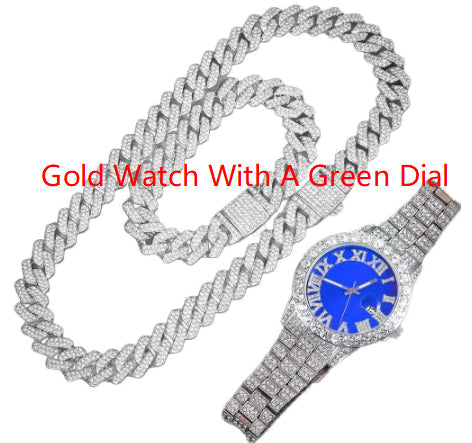 Hip-Hop EuropeanAmerican Cross-Border 14mm Cuban-Link Watch Set