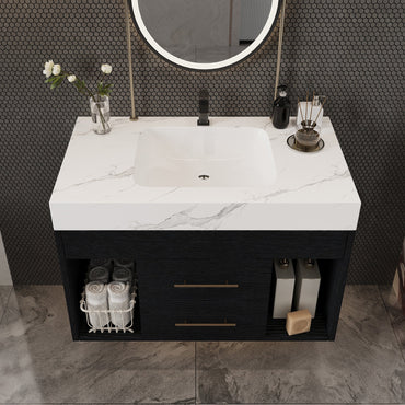 29.9' Modern Floating Bathroom Vanity with Sintered Stone Top Ceramic Undermo...