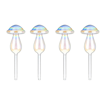 4-Pieces: Clear Glass Plant Watering Globes Iridescent Rainbow Gradient Mushroom