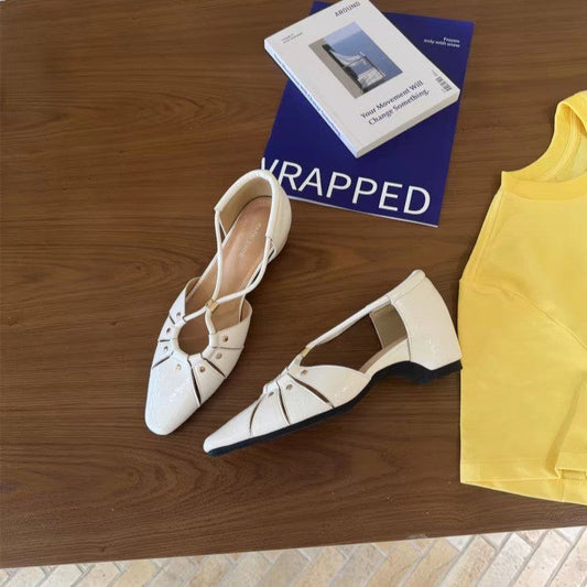 2026 Spring Summer New Women Retro Pointed Toe Sandals, Niche Luxury Hollow Out Inner Heightening Single Strap Outdoor Flats