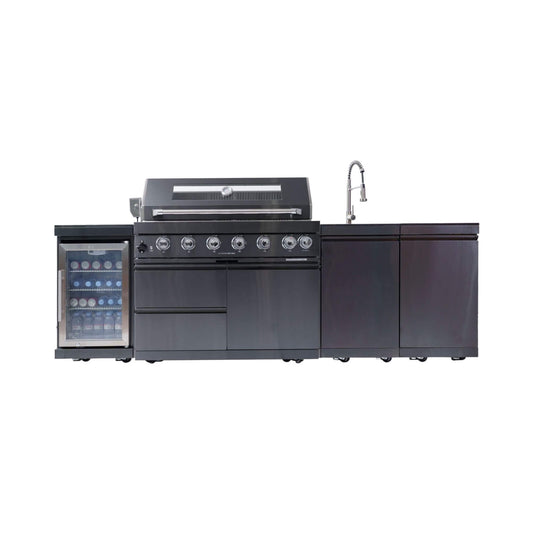 Castelle Flame Belmont 43-Inch 6-Burner 85K BTU Stainless Steel Outdoor BBQ Kitchen Grill Island With Wine Cooler, Rotisserie, And Sink (SAK19476)
