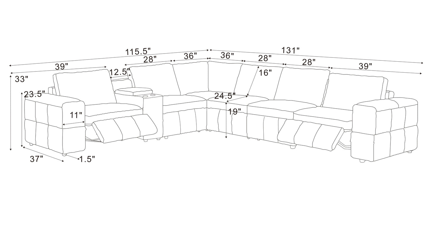 Sectional Sofa Modular Leather Match Ginger 6 Seat Reclining 131 In