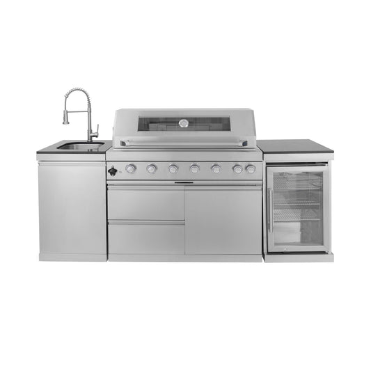 Castelle Flame Verona 44-Inch 6-Burner 85K BTU Stainless Steel Outdoor BBQ Kitchen Grill Island With Wine Cooler, Rotisserie Kit, And Storage Cabinets (SAK97105)