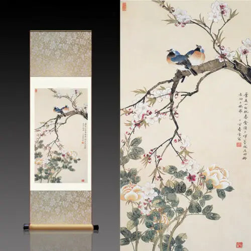Chinese Silk Scroll Painting – Magpie & Plum Blossom Wall Hanging