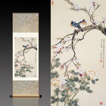 Chinese Silk Scroll Painting – Magpie & Plum Blossom Wall Hanging