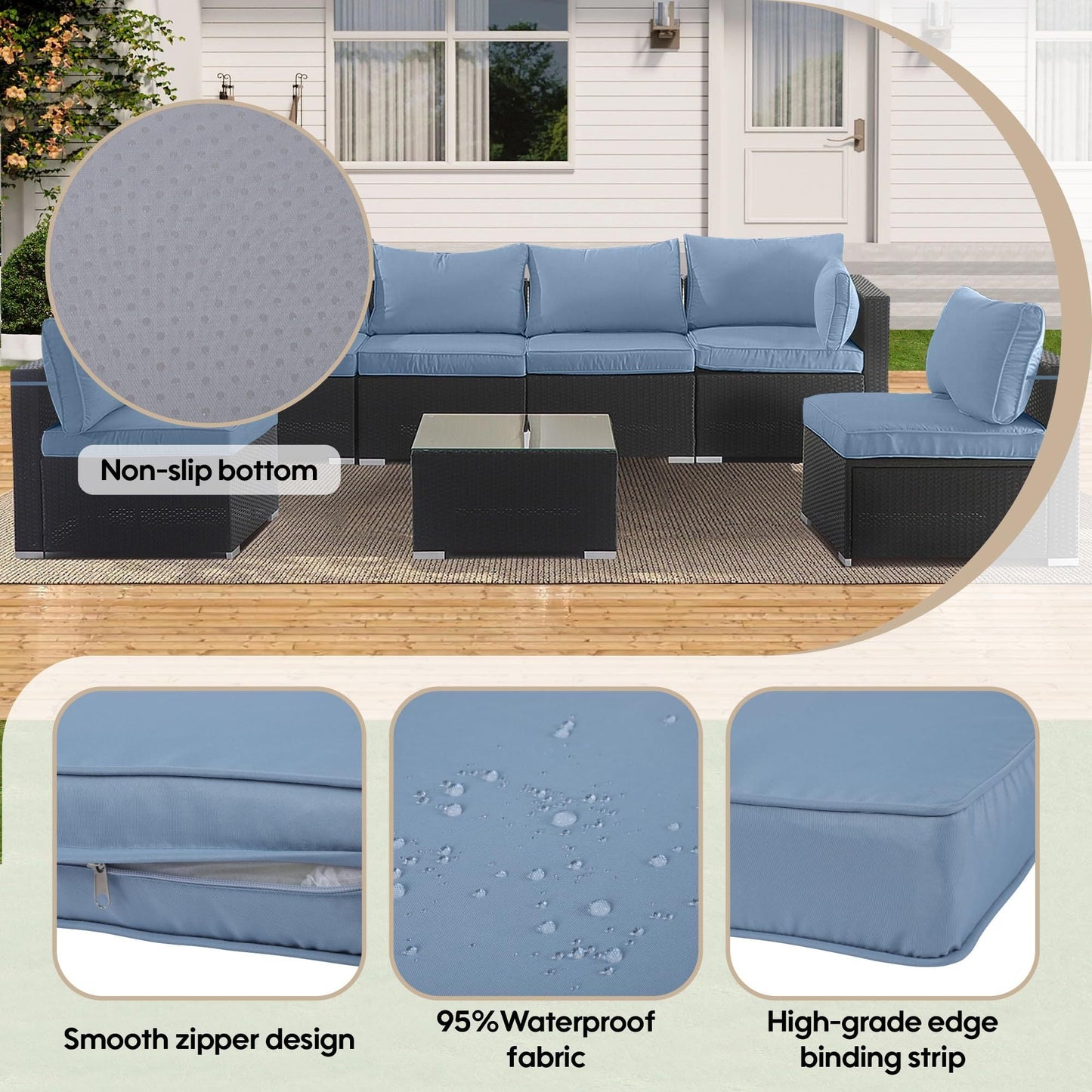 Cushion Covers for 7 Pcs 6-Seater Wicker Rattan Sectional Sofa, 14 Pack, Haze Blue