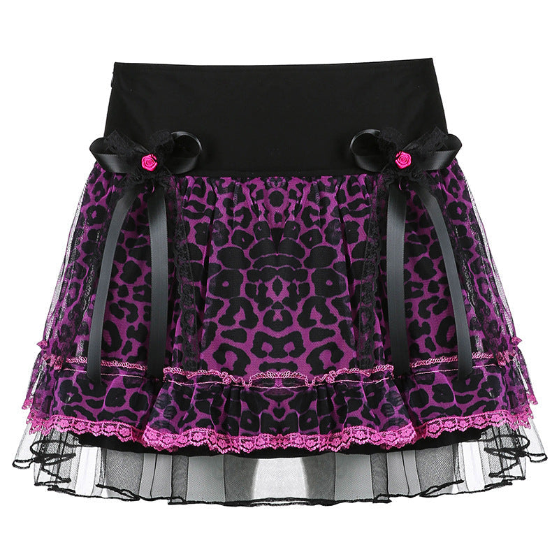Tight Waist Leopard Print Lace Bow Umbrella Skirt A-Line Skirt Women