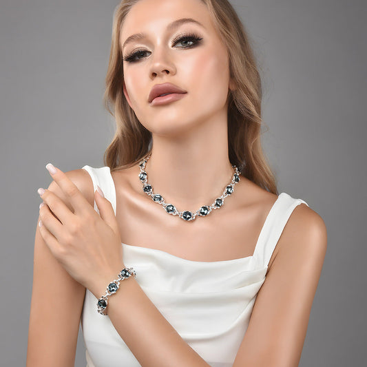 Grey Oval Cubic Zirconia Matching Jewelry Set For Women, Silver Choker Necklace & Bracelet 2Pcs Elegant Wedding Party Fashion Jewelry
