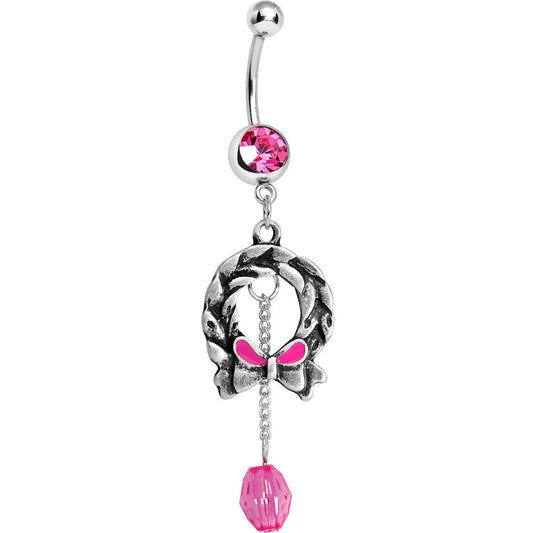 Pink Gem Antique Wreath with Bead Chain Drop Dangle Belly Ring