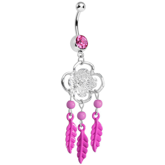 Pink Gem and Feathers Flowered Dreamcatcher Dangle Belly Ring