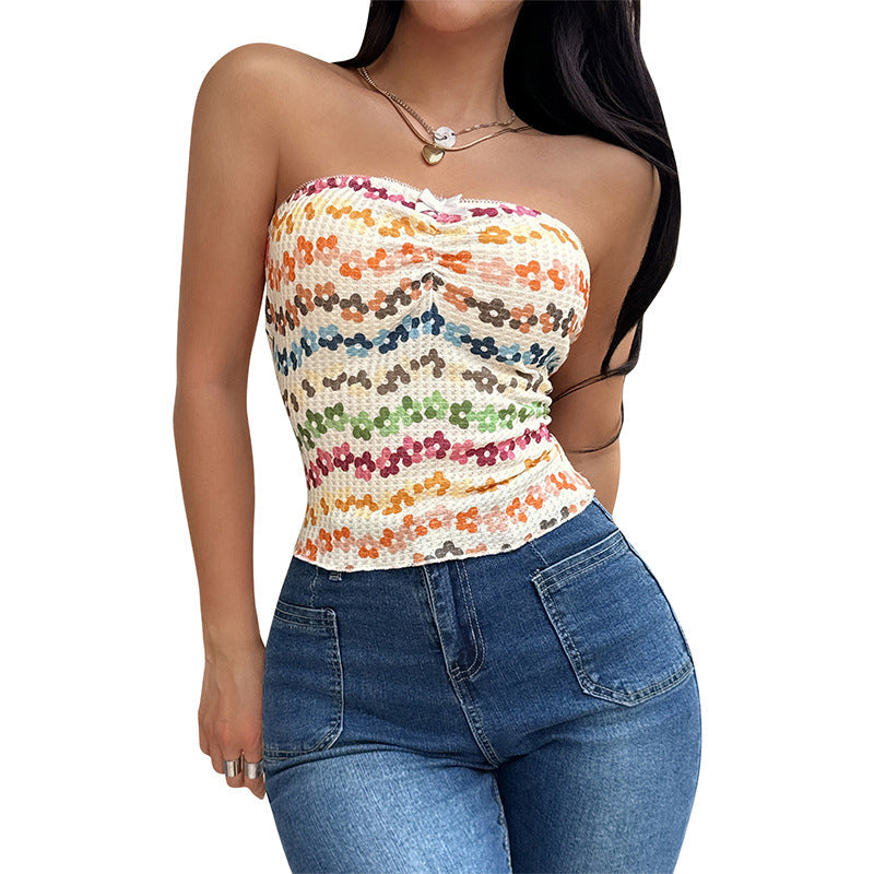 Womens Strapless Sleeveless Gradient Color Floral Tank Top