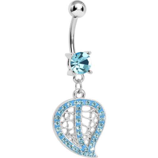 Aqua Gem Paved Hollow Leaf Dangle Belly Ring