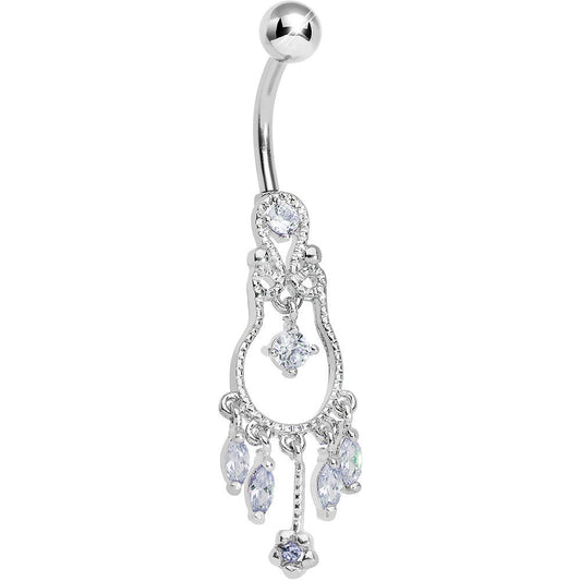 Light Purple Gem Pear with Dainty Rose Flower Dangle Belly Ring