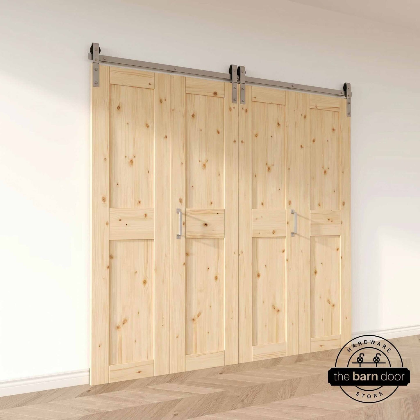 J-Strap Bifold Barn Door Hardware | Brushed Nickel | 4 Door Biparting Kit