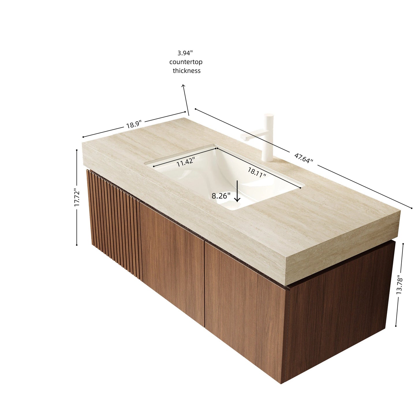 48' Floating Bathroom Vanity with Travertine Sintered Stone Top and Ceramic Basin