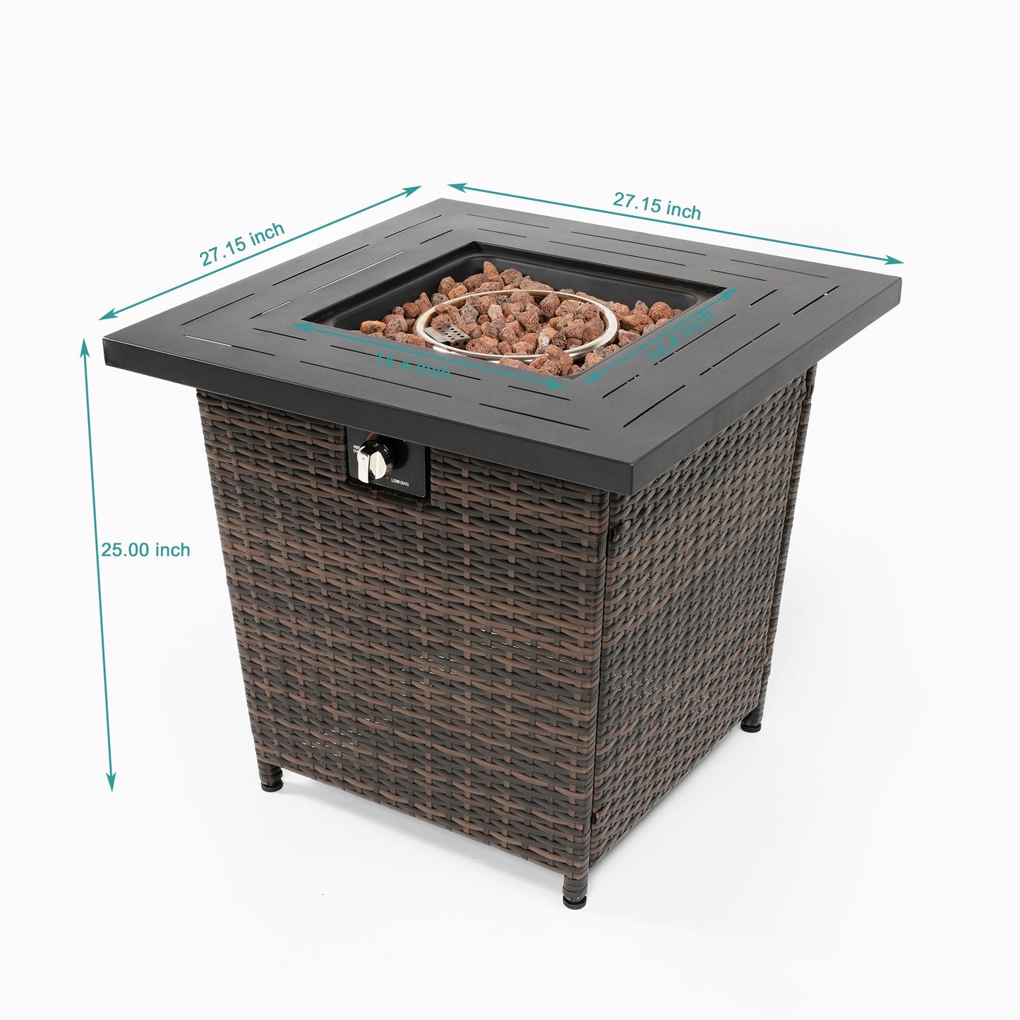 28 Inch Black Wicker Outdoor Propane Gas Fire Pit Table Steel Top 50000 BTU