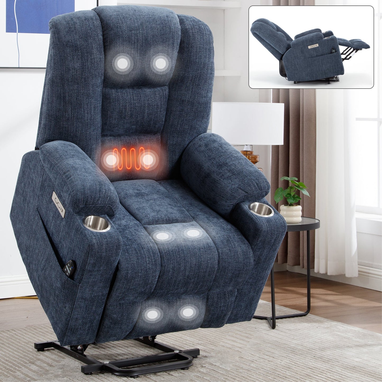 Lift Recliner Chair Power Chenille Blue Heat Massage USB Cup Holders 350 LB