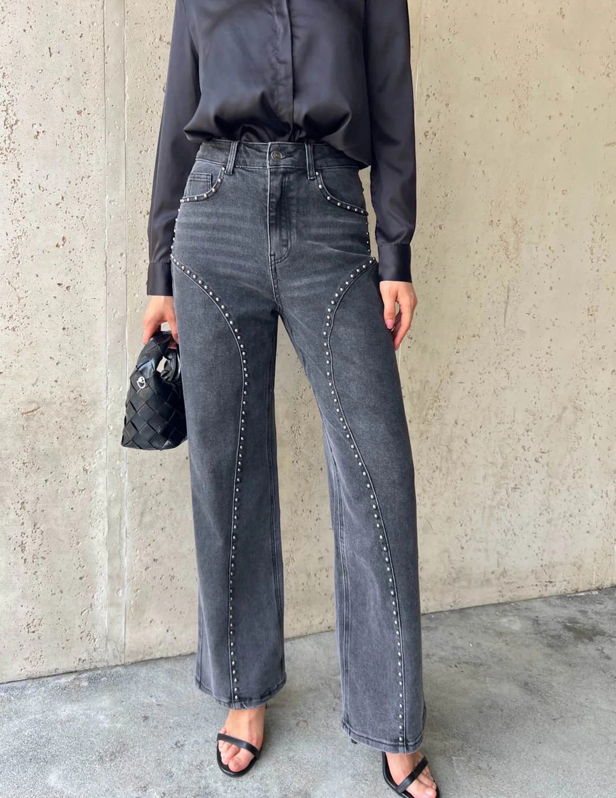 Fashionable Beaded Trendy Street-style Casual Versatile Straight-leg Denim Jeans