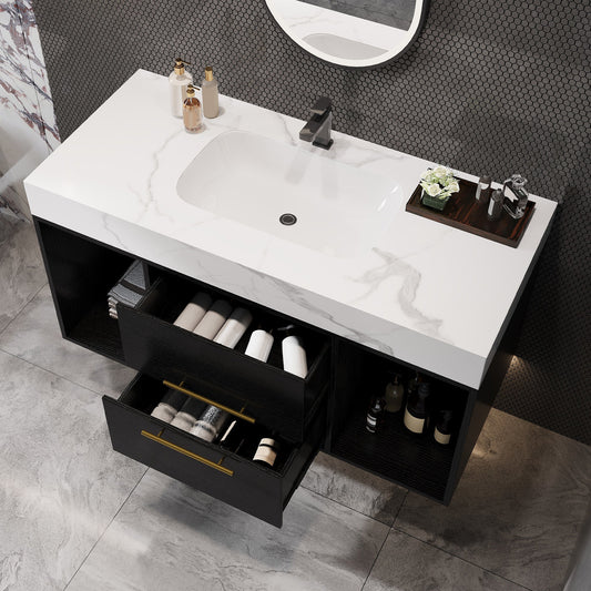 39.4' Floating Bathroom Vanity with Ceramic Sink, 2 Drawers and 2 Open Shelves