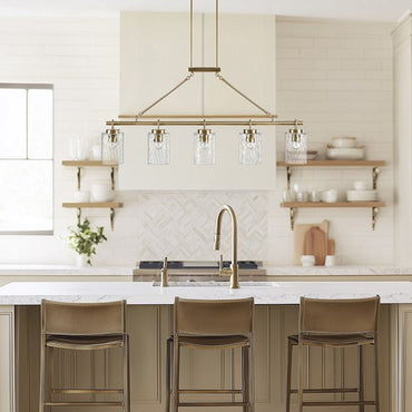 5-Light Linear Chandelier – Textured Glass Shades & Antique Brass | Dining Room & Kitchen Island