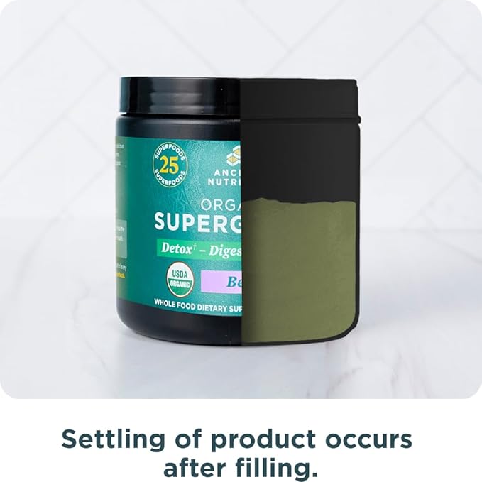 Ancient Nutrition SuperGreens Powder with Probiotics, Organic Berry Flavor Greens, Made from Real Fruits, Vegetables and Herbs, Digestive and Energy Support, 12 Servings, 3.2oz