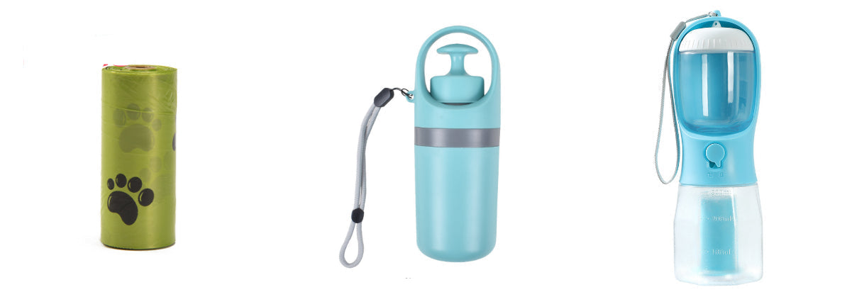 Blue pet waste bag dispenser with a roll of garbage bags on a white background