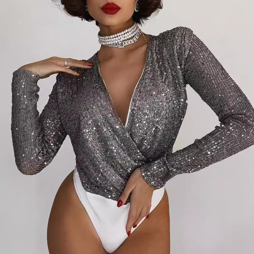 Fashionable And Sexy Beaded Long-sleeve V-neck Bodysuit