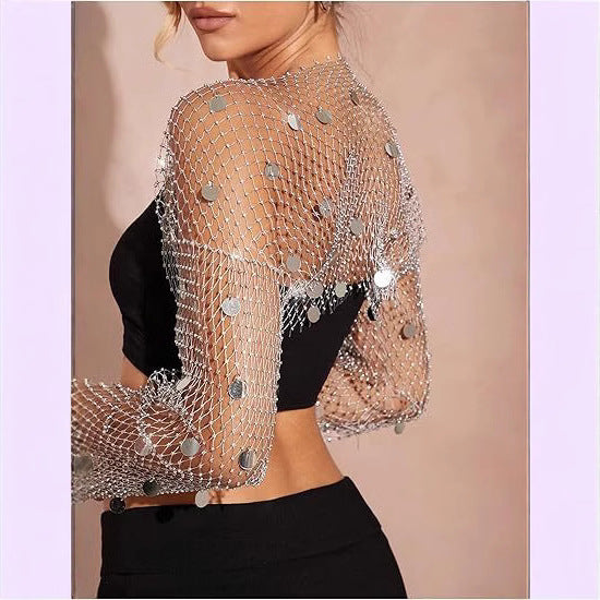 Fishnet Sequin Cardigan Top With Diamond Embellishments